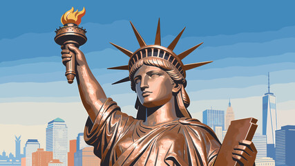 The Statue of Liberty, a colossal neoclassical sculpture on Liberty Island in New York Harbor, stands tall against a backdrop of the Manhattan skyline. © Pitu