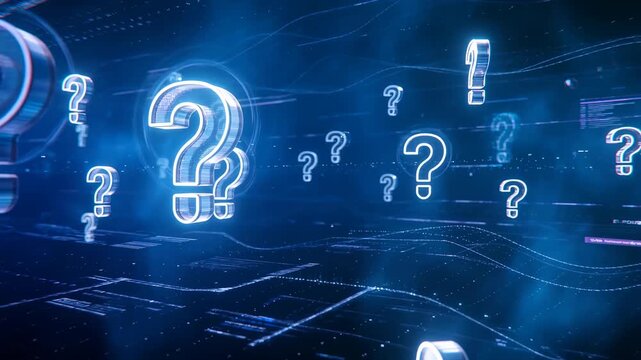 Glowing neon question marks floating in digital space with data streams cinematic motion