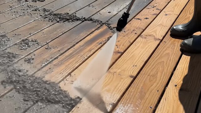 High-pressure cleaning a weathered wooden deck, removing debris and grime