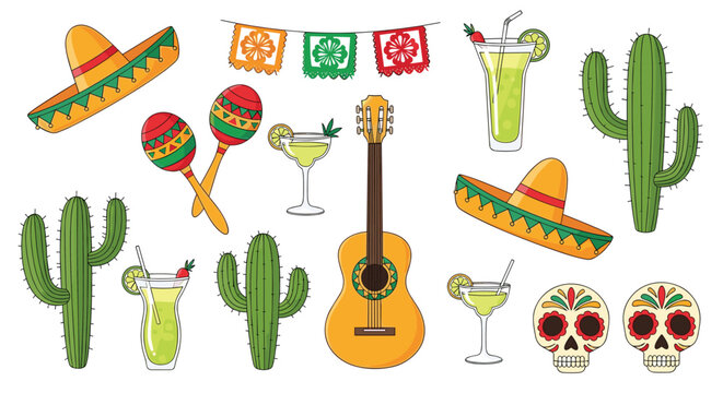 Vibrant set of Mexican fiesta elements including sombreros, drinks, cacti, maracas, sugar skulls, and colorful flags.