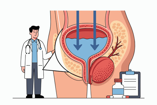 Medical illustration showing human bladder and prostate gland with doctor representing urology health checkups and diagnosis for male patients.