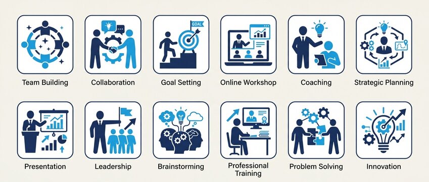 Comprehensive set of business and HR management icons featuring modern flat vector design for corporate training presentations and strategic planning