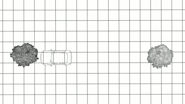 Car animation driving loop from top view with sketch outline style on grid paper background