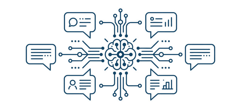 Artificial intelligence communication network and data exchange with speech bubbles, analytics vector