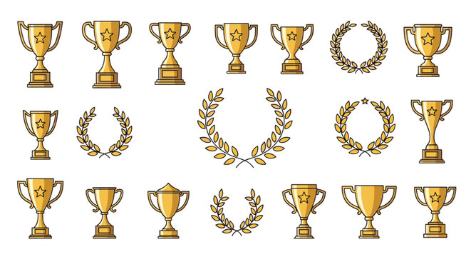 Set of golden trophies and laurel wreaths in multiple designs representing victory, competition, and first place award winner.