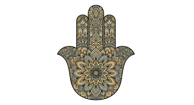 Intricate hamsa hand symbol decorated with a beautiful floral mandala pattern in muted blue and yellow earth tones.