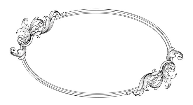 Decorative vintage oval border with ornate baroque floral scrolls and elegant details in a classic black and white style.