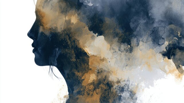 A woman navigates feelings related to PMDD, with dark stormy tones and light appearing. This art reflects emotional experiences and awareness.