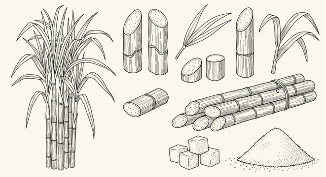 Vintage style collection of hand-drawn sugarcane stalks, green leaves, sugar cubes, and a pile of granulated sugar.