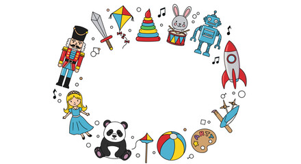 Fototapeta premium Colorful circular frame composed of various children's toys like a nutcracker, robot, rocket, panda, and ball.