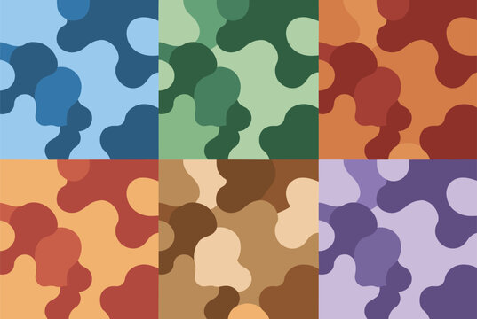 Six square panels displaying organic camouflage patterns in various color palettes including blue, green, orange, red, brown, and purple.