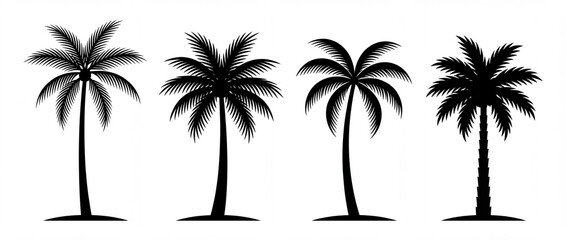 Fototapeta premium Diverse set of black palm tree silhouettes vector icons for tropical summer designs travel themes and beach vacation concepts isolated on white