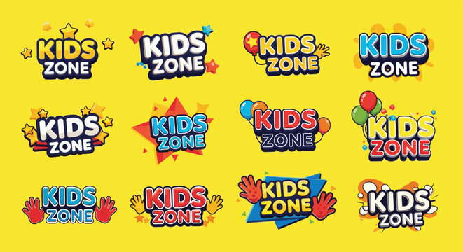 Colorful collection of kids zone logo designs featuring playful fonts, stars, balloons, and bright colors on a yellow background.