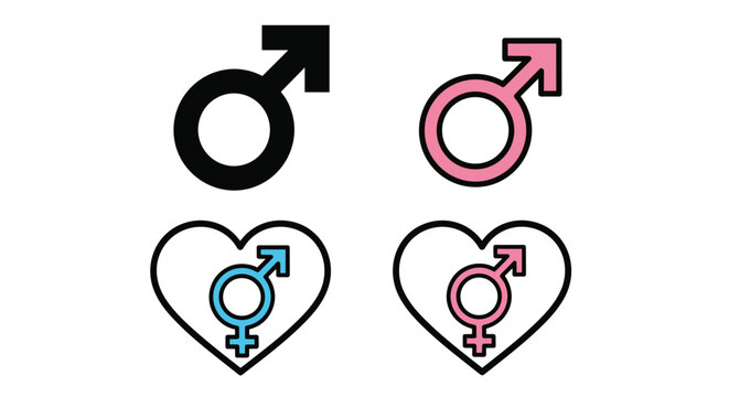 Collection of various gender symbols including male, female, and transgender icons in black, pink, and blue.