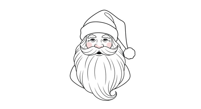 Cheerful santa claus face with a long white beard and rosy cheeks in a gentle line art illustration.