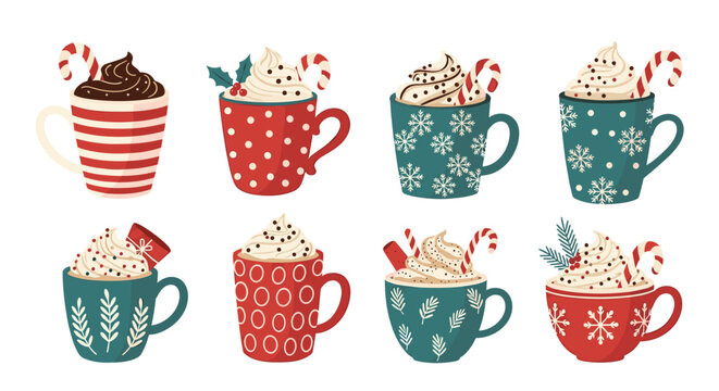 Cozy collection of festive mugs filled with hot chocolate, whipped cream, and Christmas candy canes.