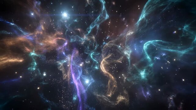Nebula clouds with stars swirling in cosmic motion during deep space exploration