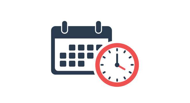 Dark blue calendar icon combined with a red clock symbol representing scheduled tasks, appointments, and time management.