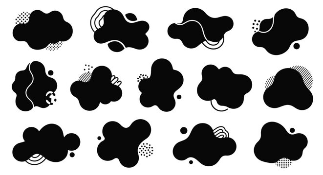 Assortment of black abstract liquid blob shapes with decorative patterns like dots and lines for modern graphic design.