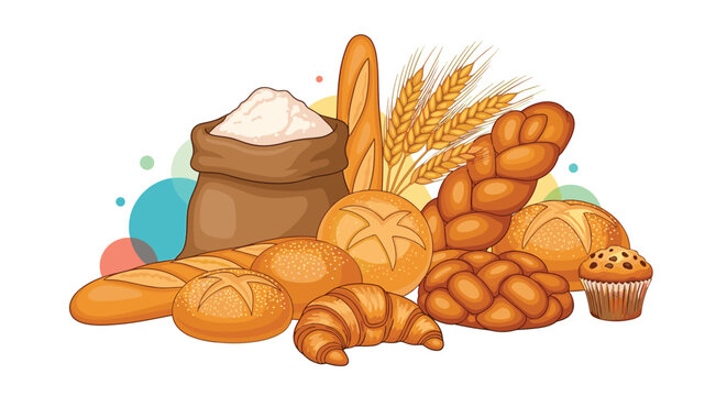 Assorted bakery products including fresh bread, baguettes, buns, and a croissant next to a sack of flour and wheat ears.