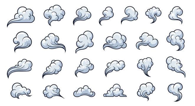 Extensive collection of cartoon-style smoke, steam, and fluffy cloud puffs in light blue with dark blue outlines.