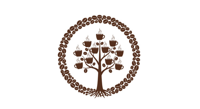 Creative logo design featuring a stylized tree with coffee cups as leaves surrounded by a circular border of roasted beans.