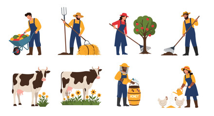 Fototapeta premium Set of hardworking farmers engaged in various agricultural activities including harvesting, animal care, and produce collection.