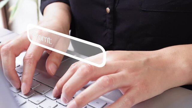 Close-up view of an executive typing on her laptop with an animation of a prompt field for artificial intelligence.