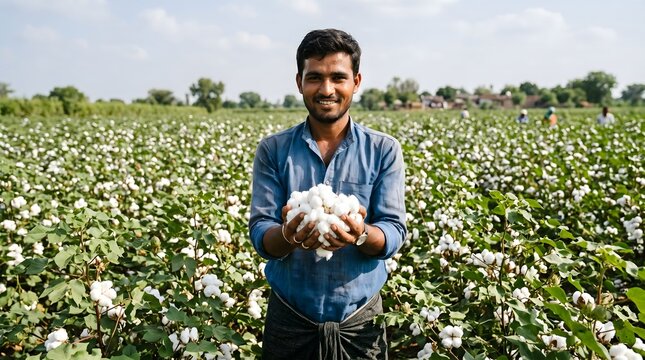 Smiling Indian Farmer Holding Cotton In Field