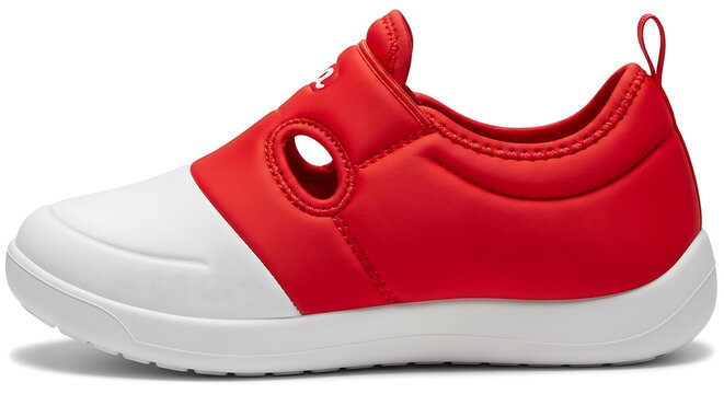 Red sneaker with cat face design and pull tab on white slip-on shoe