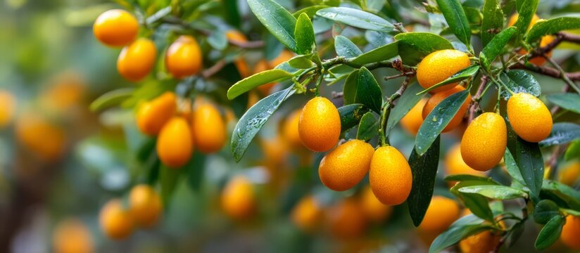 Ripe kumquat fruits growing on citrus tree branch