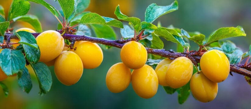 Yellow mirabelle plums growing on a fruit tree branch