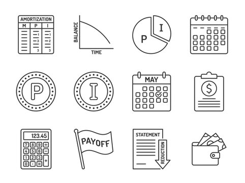 Financial Icons Set: Calculator, Calendar, Charts, and Money Symbols