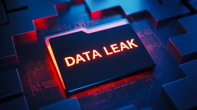 Digital data leak concept with glowing cyber security warning on futuristic circuit board