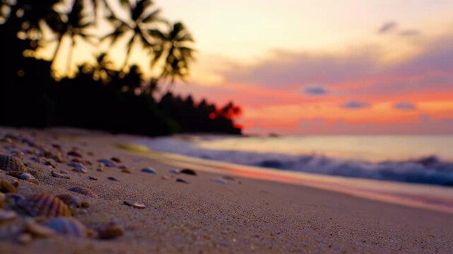 Sandy shore with shells and palm trees silhouetted against a vibrant sunset