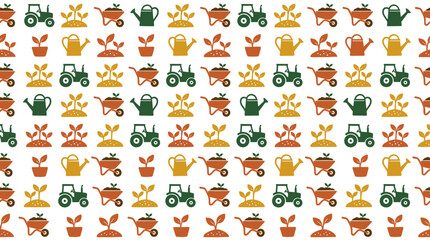 Obraz premium Farm icons pattern with tractor seedling watering can and wheelbarrow in warm colors