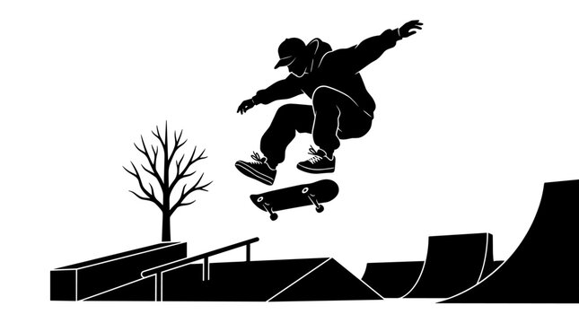 Skateboarder performing a trick in a skatepark with ramps and a bare tree