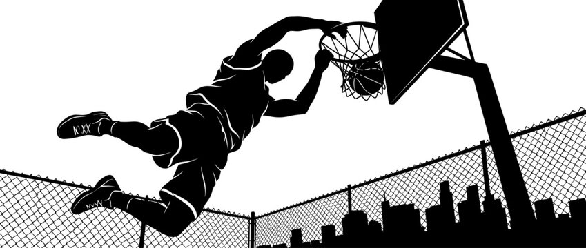 Basketball player dunking ball into hoop with city skyline silhouette behind fence