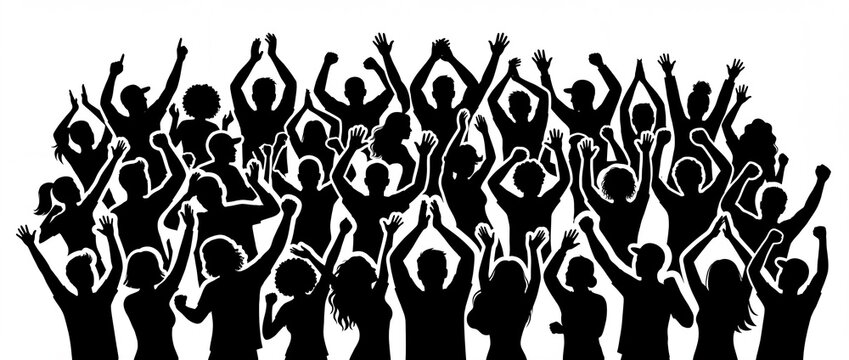 Silhouettes of a diverse crowd with raised arms cheering or celebrating ideal for themes of unity protest and success