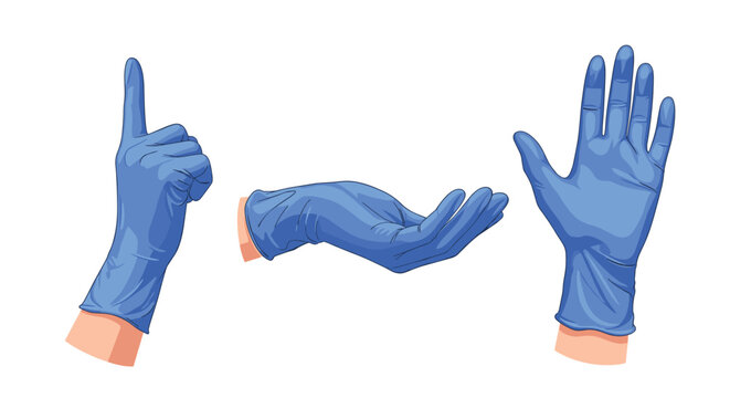 Human hands wearing blue medical nitrile gloves shown in three different gestures including pointing and an open palm.