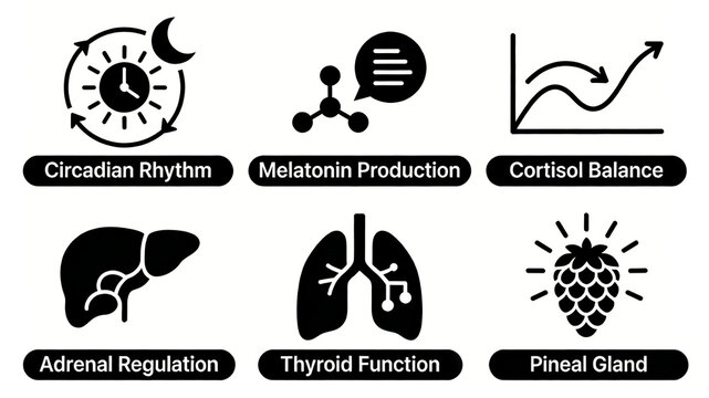 The biological clock, melatonin, cortisol curve, liver, lungs, and pineal gland icons represent endocrine and sleep rhythm regulation, suitable for sleep aid products.
