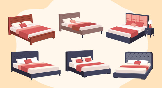 Selection of modern double beds with various headboard styles, comfortable mattresses, and stylish bedding sets for home interior design.
