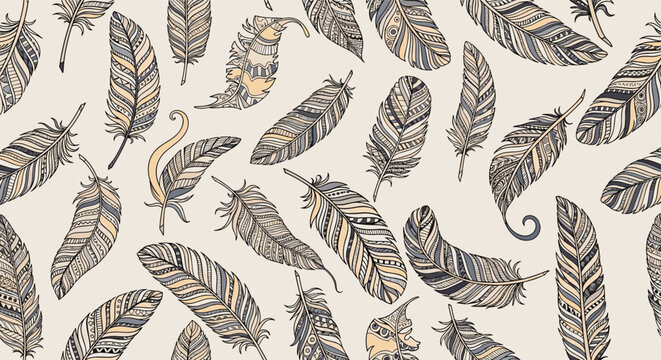 Seamless pattern featuring a variety of detailed bird feathers with intricate tribal and bohemian-style decorative designs and colors.