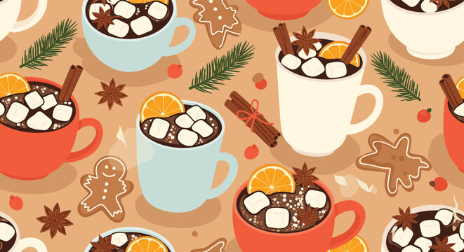 Cozy seamless pattern of hot chocolate mugs topped with white marshmallows, cinnamon sticks, orange slices, and festive gingerbread cookies.