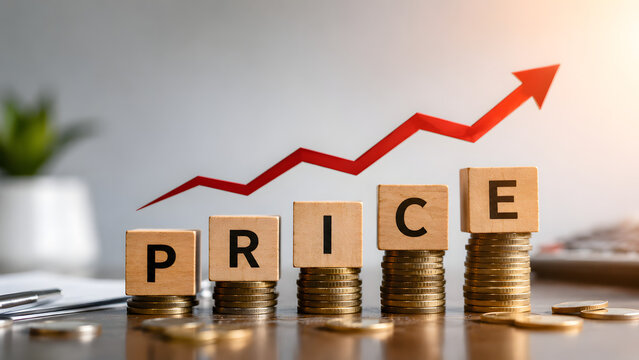 Inflation and rising cost of living concept with text price on wooden blocks placed on stack of coins and upward red arrow graph