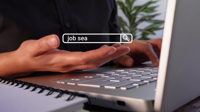 Close-up of a businesswoman's hands working on her laptop while holding an animated web search bar with the text "job search