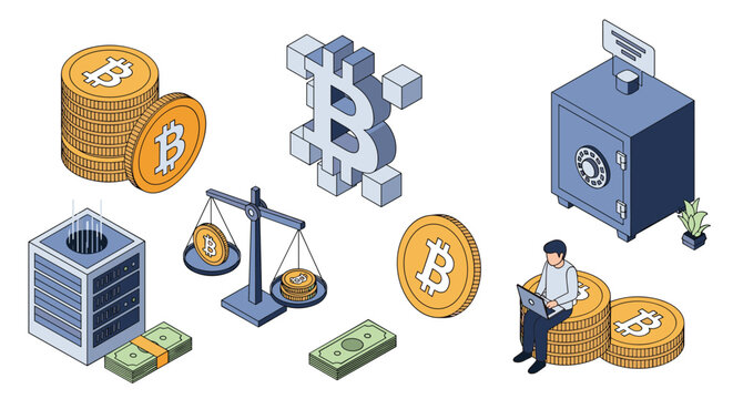 Collection of isometric cryptocurrency elements featuring bitcoin coins, blockchain blocks, money safe, server, and user.