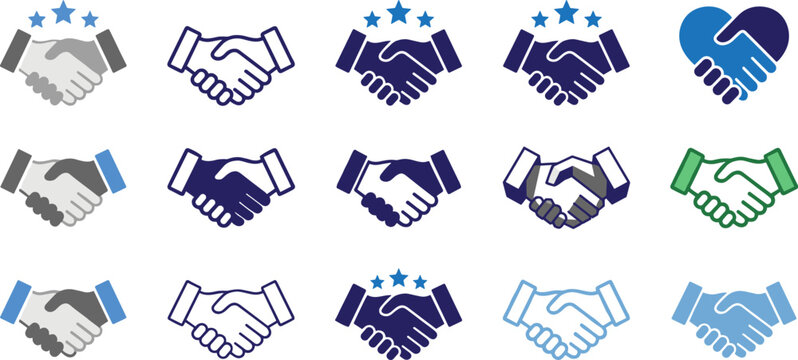 Handshake icon illustration collection featuring agreement, partnership, cooperation, trust, goodwill, unity, and collaboration symbol concepts