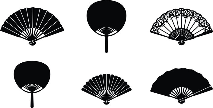 Vintage Hand Fan Silhouette Collection with Decorative Folding Fans and Traditional Oriental Vector Illustration