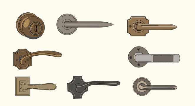 Collection of various modern and classic door handle designs in bronze, silver, and gold finishes on a light plain background.